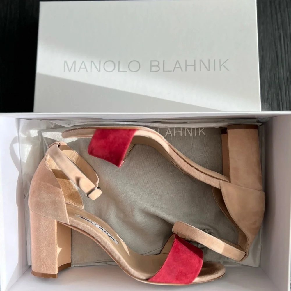 Manolo Blahnik Sz 38 Red and Tan Heels Lauratomod Velukid Block Sandals NO BOX - Picture 4 of 13